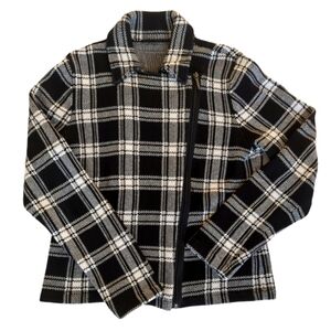 Plaid Asymmetrical Cropped Sweater Jacket LARGE Black White